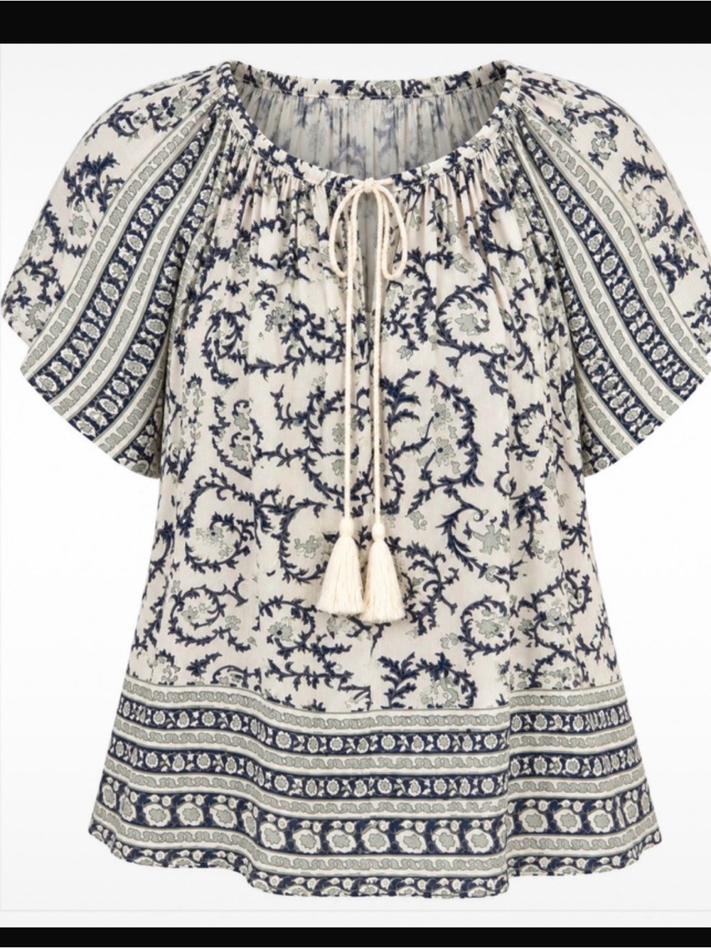 Esley Navy and Cream Boho Tassel Tie Peasant Top